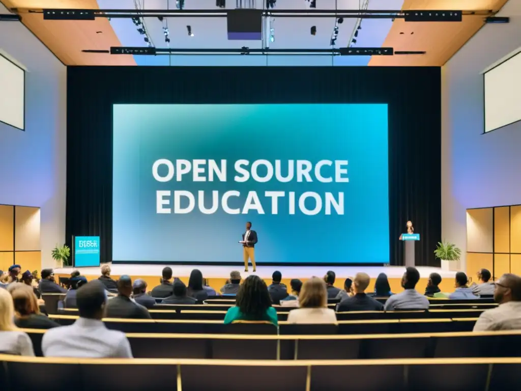 Conferencia sobre la importancia de las comunidades open source en educación, con diversidad de asistentes