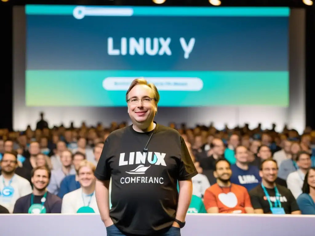 Linus Torvalds en conferencia de Linux rodeado de entusiastas de la historia del software de código abierto, en ambiente colaborativo e innovador