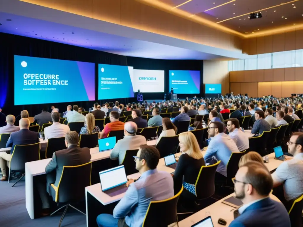 Una conferencia de software de código abierto bulliciosa y colaborativa, con asistentes diversos discutiendo las tendencias del software de código abierto en un entorno moderno y vibrante