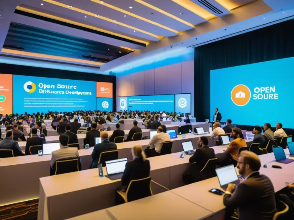 Conferencia de tendencias software código abierto: dinámica colaboración, infografías coloridas y arquitectura moderna