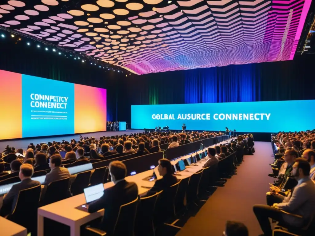 Conferencias de código abierto impacto global: Sala de conferencias llena de participantes de todo el mundo, intercambiando ideas sobre tecnología