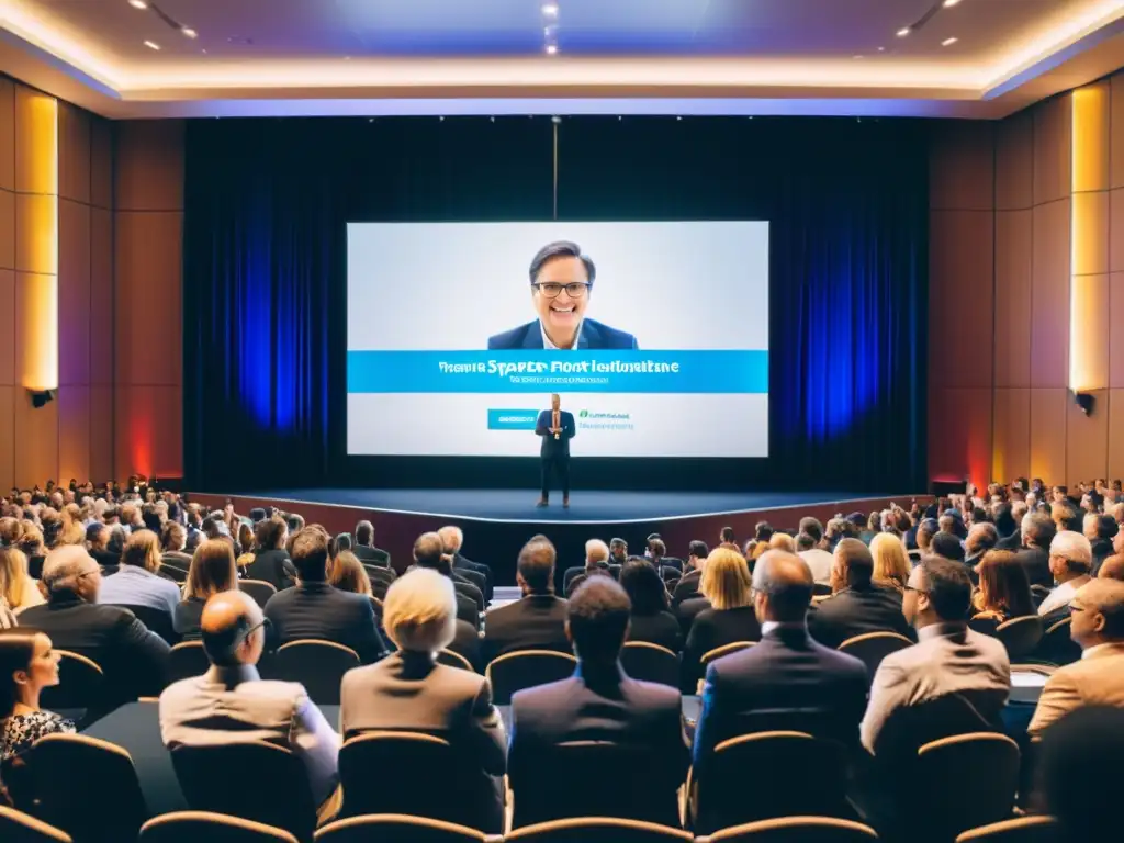 Un conferencista seguro frente a una audiencia, con diapositivas dinámicas