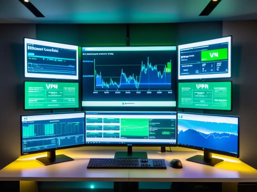 Configuración de computadora moderna y elegante con monitores mostrando visualizaciones de redes VPN seguras