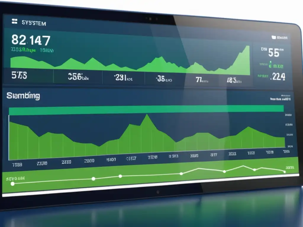 Una configuración efectiva de Zabbix IT: un moderno panel 8k con gráficos detallados y métricas en tiempo real, en tonos azules, verdes y metálicos