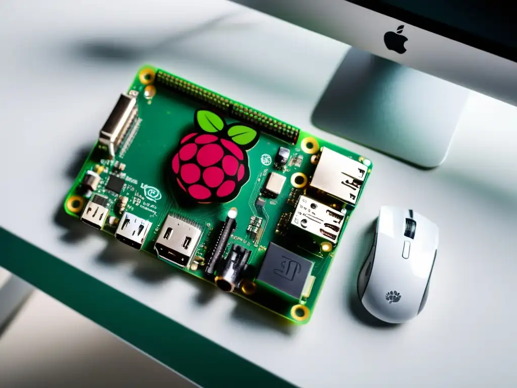 Una configuración moderna y elegante de Raspberry Pi con componentes electrónicos ordenados en una superficie de trabajo blanca