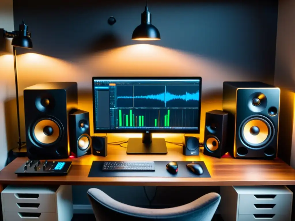 Estudio de grabación en casa: diseño moderno y acogedor Una configuración y uso de Ardour en estudio casero, con equipo profesional y cálida atmósfera creativa y profesional