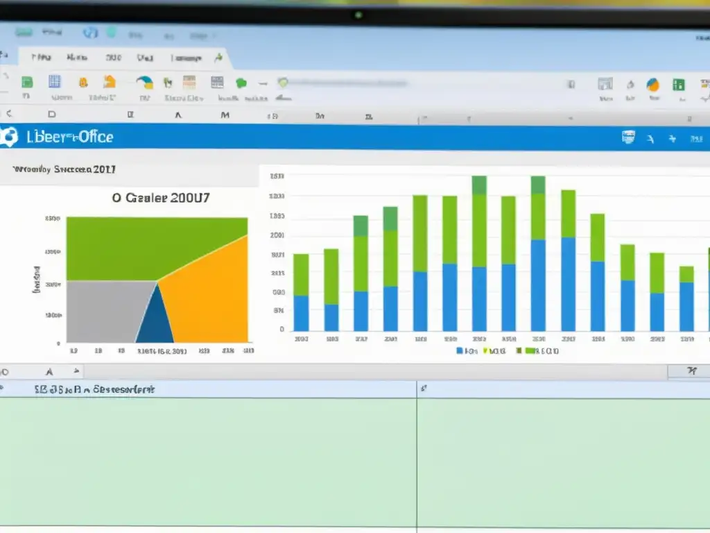 Consejos para maximizar LibreOffice: Hoja de cálculo detallada con gráficos coloridos y fórmulas visibles, mostrando eficiencia y versatilidad