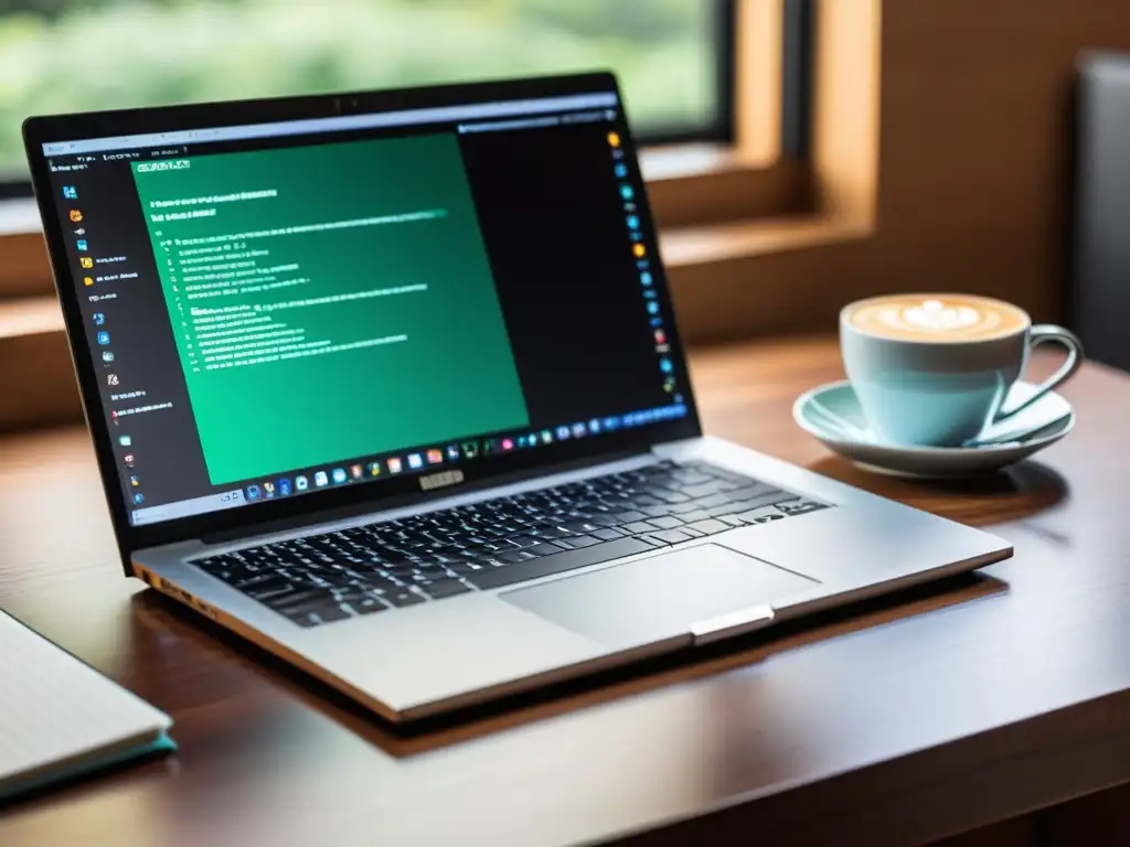 Constructor de aplicaciones frontend eficaces: Escena serena con laptop moderno, codificación vibrante y ambiente enfocado para trabajo productivo