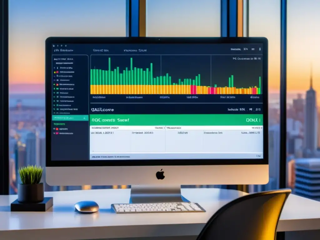 Optimización de consulta SQL con Manticore Search en oficina moderna, con vista panorámica