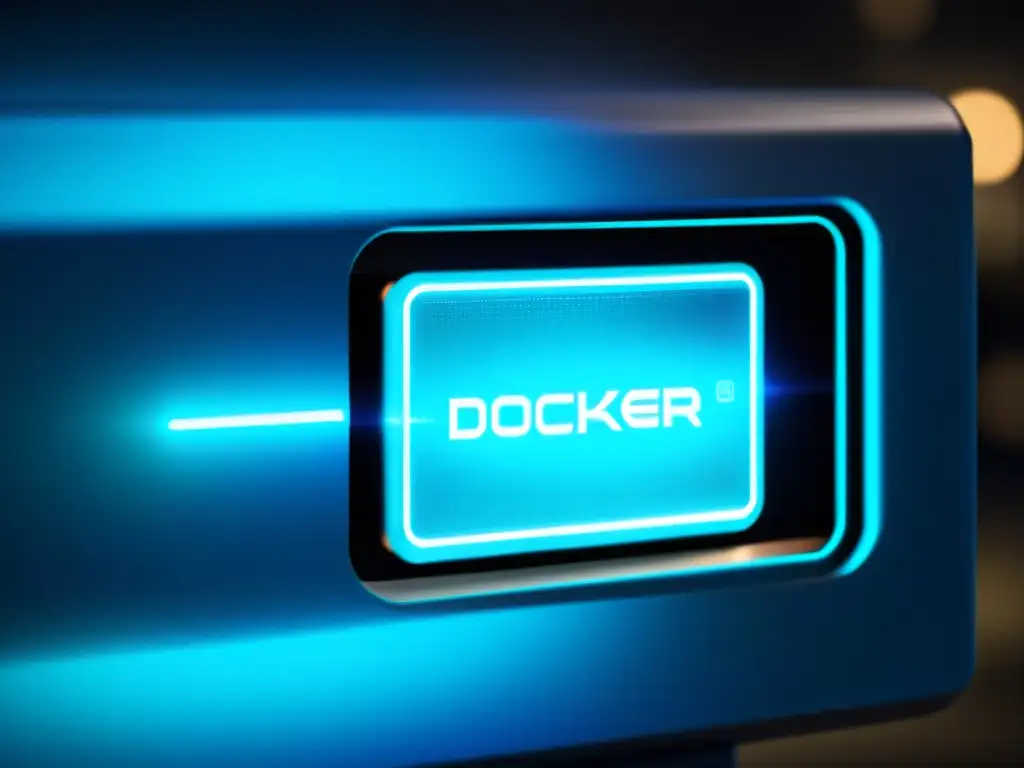 Contenedor Docker futurista con medidas de seguridad avanzadas Contenedor Docker de alta seguridad con diseño futurista, biometría y datos encriptados