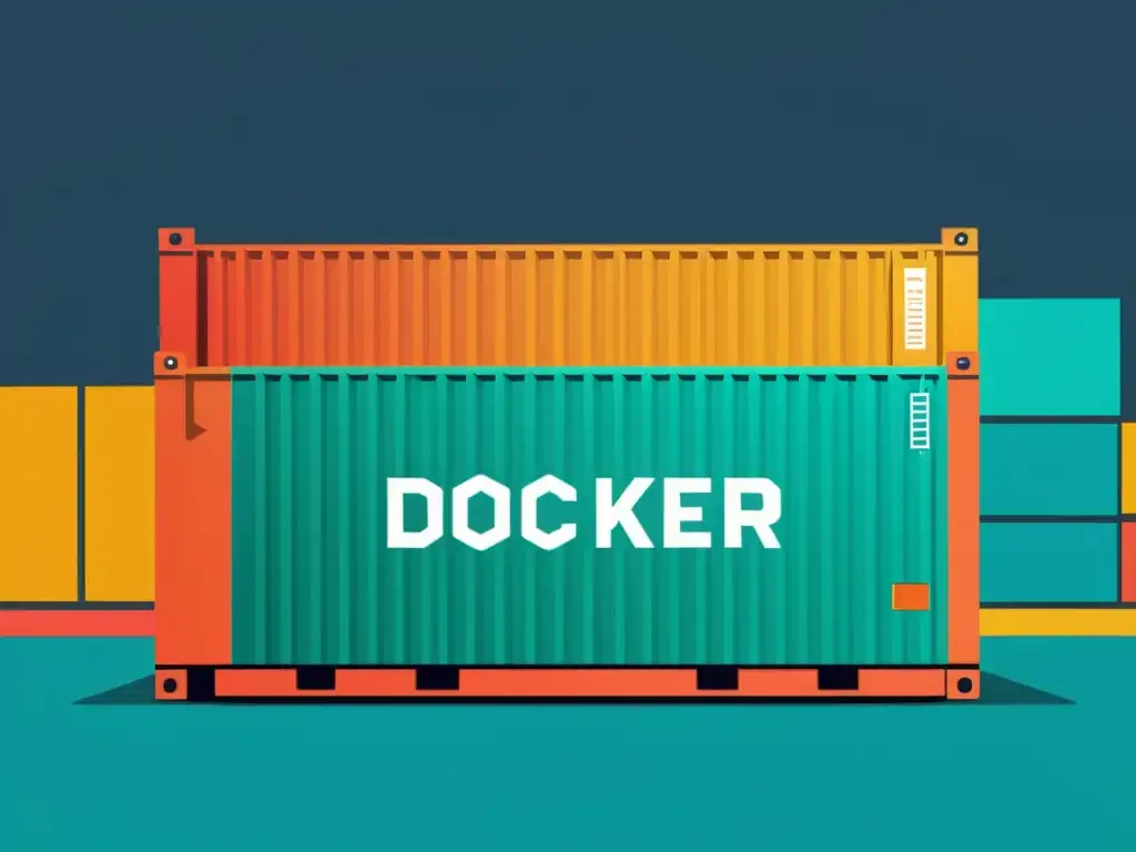 Un contenedor Docker repleto de herramientas de testing y bibliotecas de código, con colores vibrantes y diseño profesional