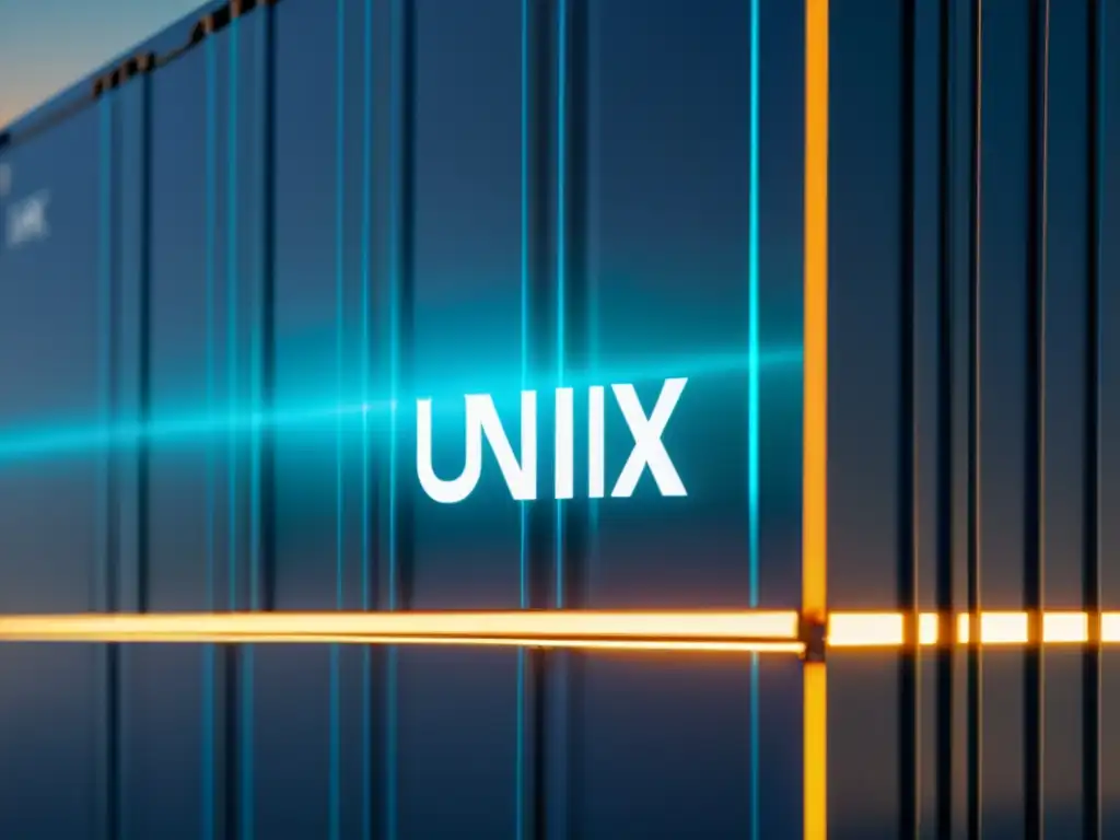 Contenedores Docker en entorno Unix: Detalle intrincado de un contenedor con el logo de Unix grabado, revelando una red de datos vibrante y eficiente