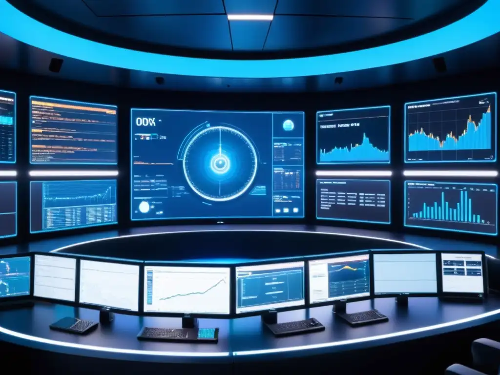 Control Room Futurista con Visualización de Datos en Tiempo Real Control room futurista con visualización de datos en tiempo real con Prometheus y Grafana, tecnología de vanguardia y ambiente hightech en azul suave