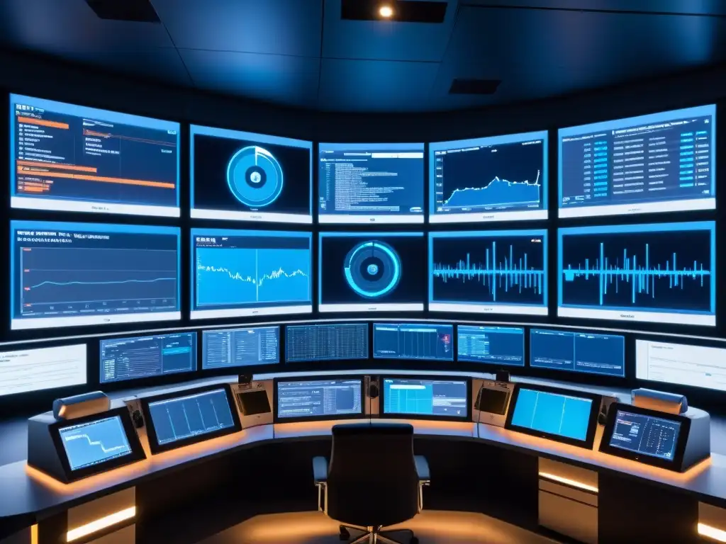 Sala de control futurista con visualización de datos en tiempo real Control room moderno con visualización de datos en tiempo real con Prometheus y Grafana