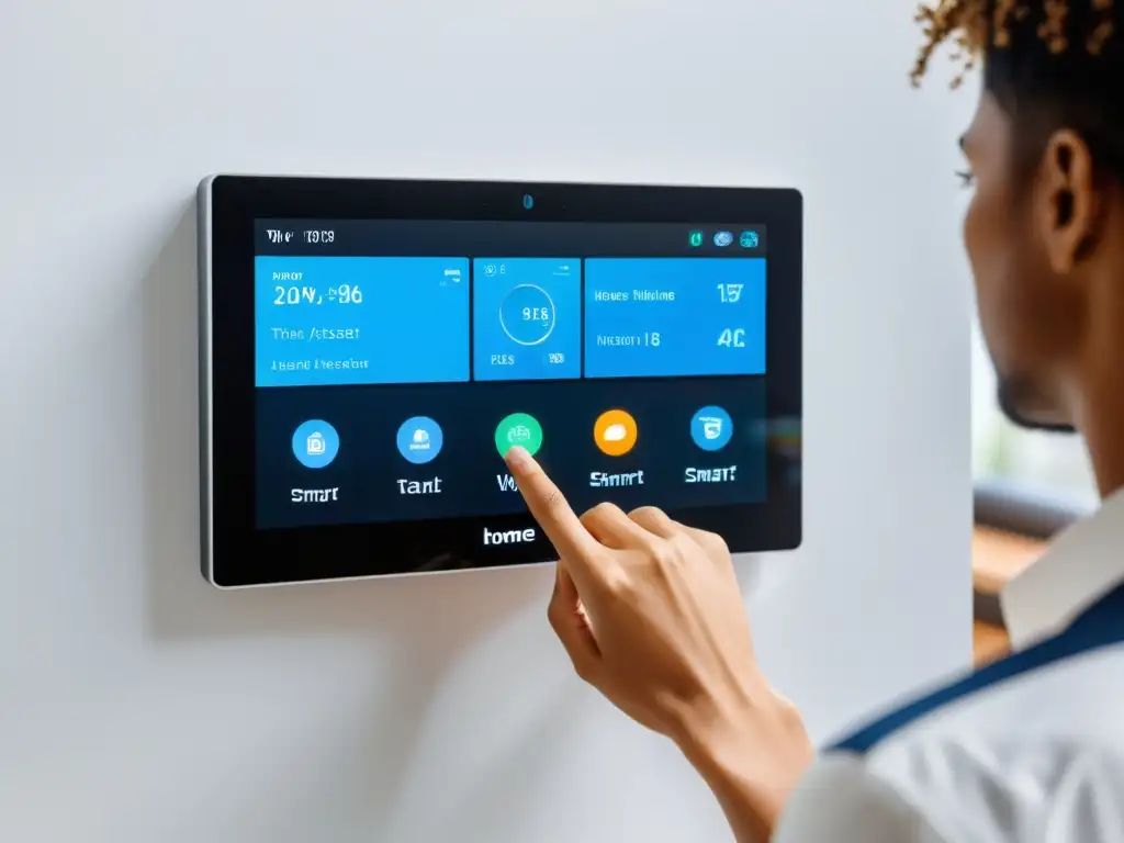 Control de domótica DIY con Home Assistant: panel de control de alta tecnología en pared blanca, ajustando dispositivos conectados en pantalla táctil