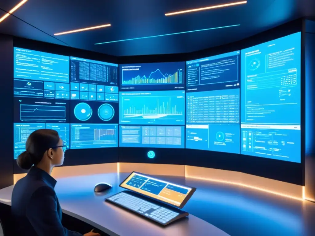 Control panel futurista con hologramas, ingenieros colaborando y sistemas integrados con Talend Open Studio