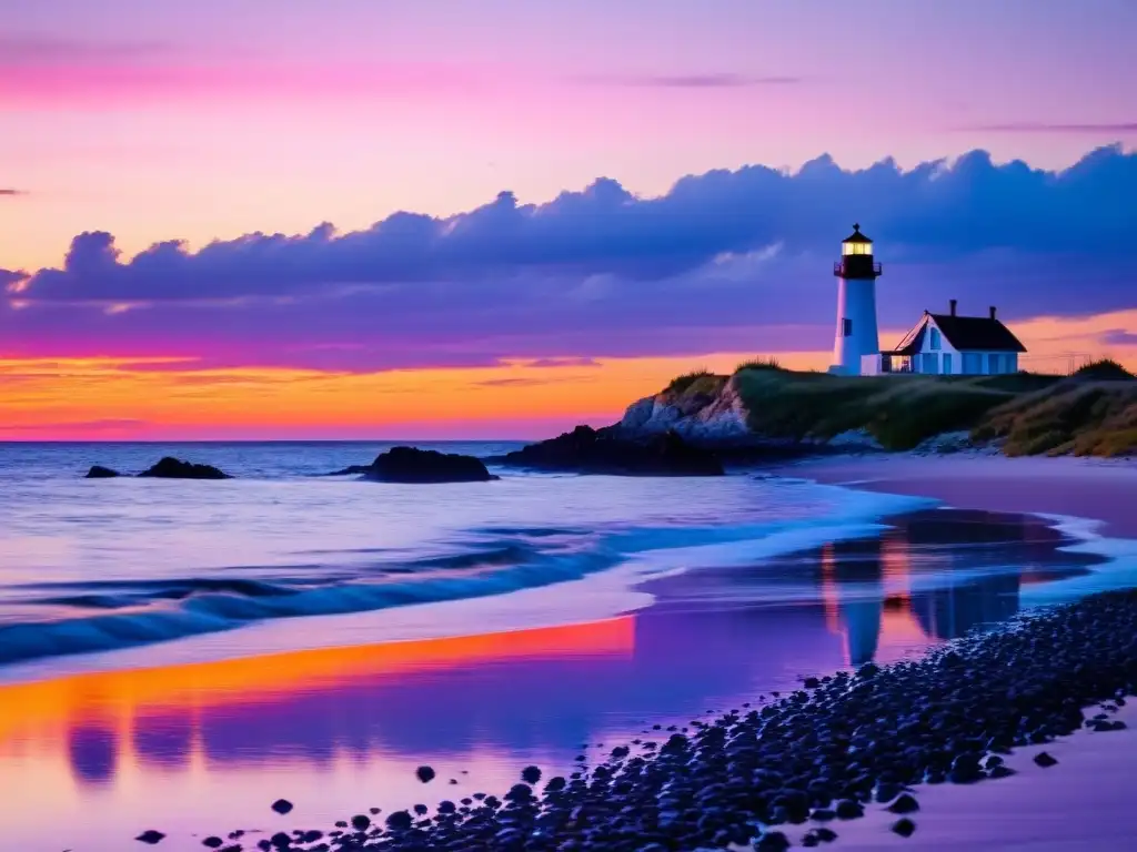 Una costa serena al atardecer, con un faro en silueta y una bandada de gaviotas sobre el mar