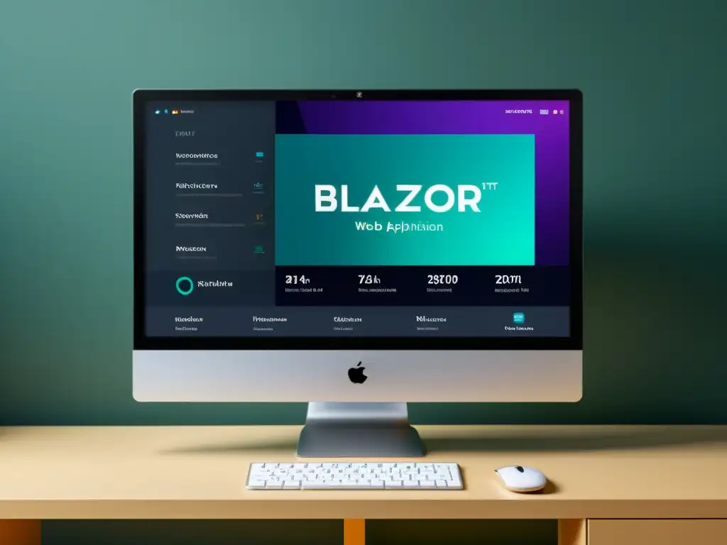 'Creación de aplicaciones web con Blazor: Monitor moderno muestra una aplicación web dinámica con diseño profesional y sofisticado