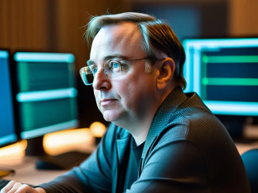 Linus Torvalds, creador de Linux, concentrado frente a su computadora rodeado de código