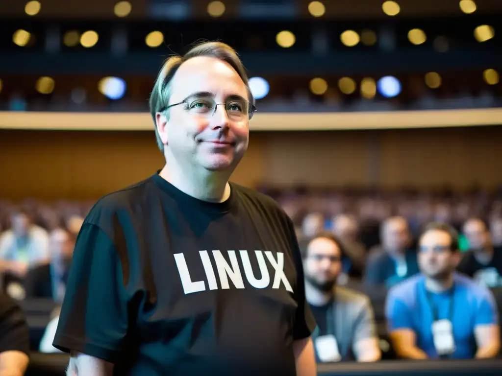 Linus Torvalds, creador de Linux, destaca en una conferencia tech rodeado de una multitud diversa