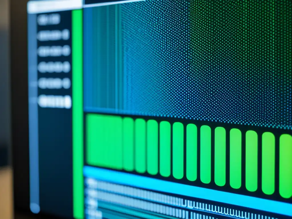 Implementando criptografía de código abierto: Detalle ultramoderno de un algoritmo de encriptación en pantalla de computadora, con patrones y símbolos complejos en tonos azules y verdes