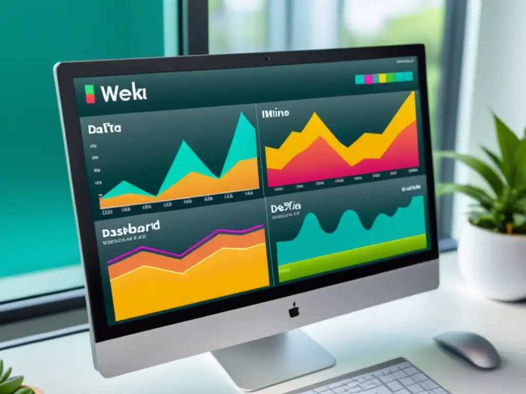 Un dashboard de visualización de datos vibrante y amigable, mostrando las capacidades de Weka para la minería de datos gratuito