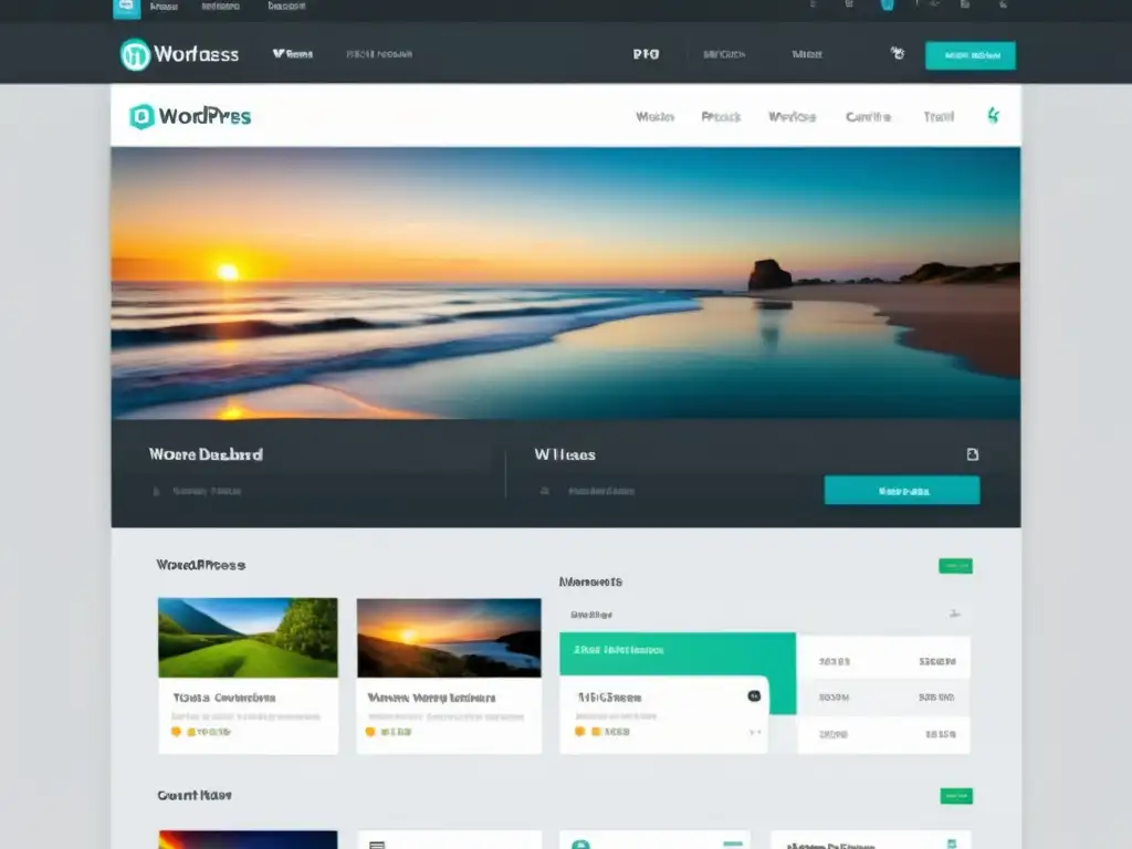 Un dashboard moderno de WordPress con las mejores prácticas en gestión de contenidos multimedia, reflejando profesionalismo y eficiencia