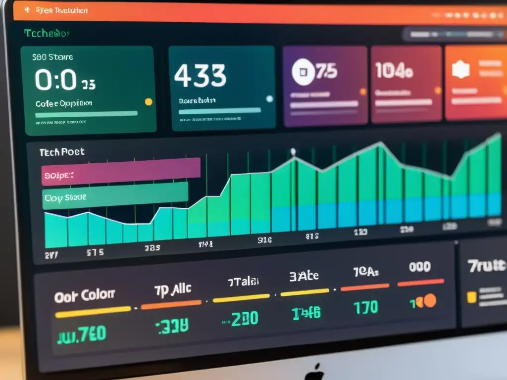 Un dashboard de prueba de software futurista con gráficos de vanguardia y técnicas de optimización de código abierto