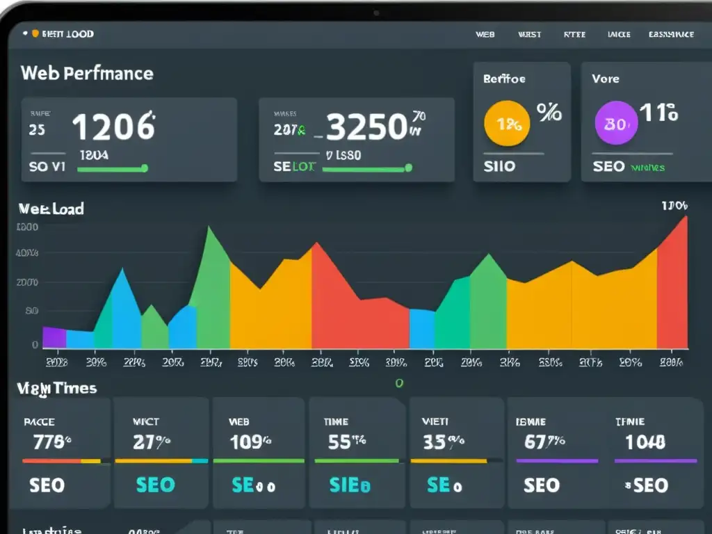 Dashboard de rendimiento web con gráficos coloridos que muestran mejoras en el tiempo de carga, tamaños de imagen y SEO