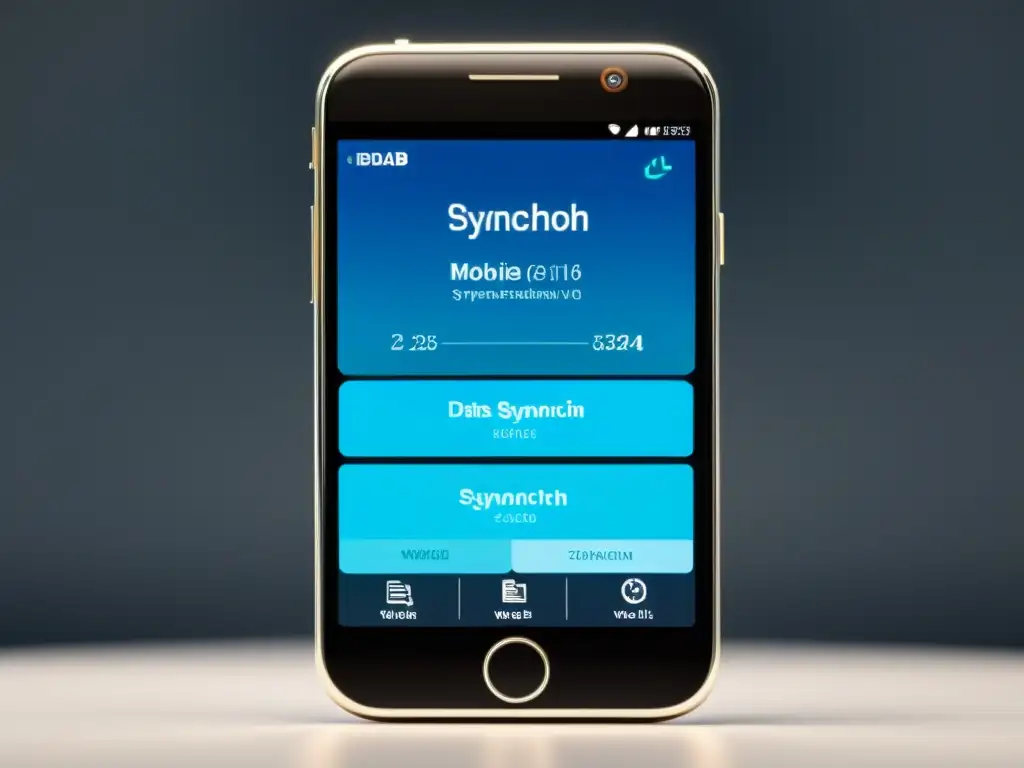 Sincronización de datos entre aplicaciones web y móviles en un smartphone moderno, con diseño futurista y eficiencia visual