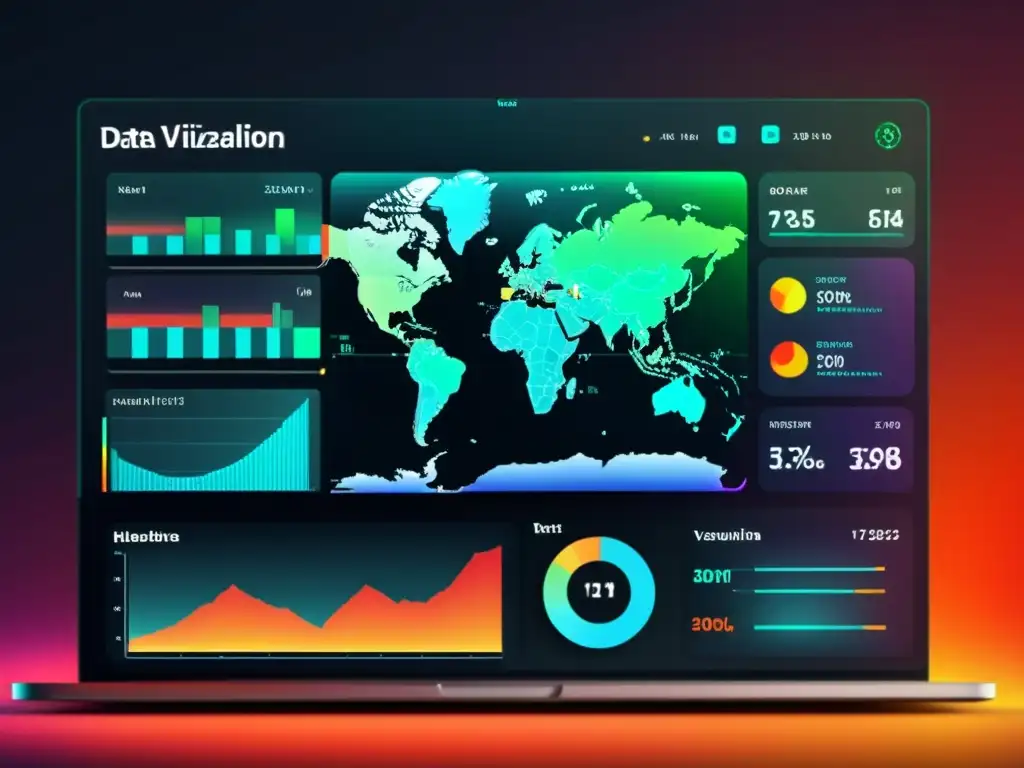 Visualización de datos con herramientas de código abierto: Futurista panel de visualización con gráficos de red, mapas de calor y gráficos dinámicos en una interfaz transparente con líneas de código y algoritmos de IA