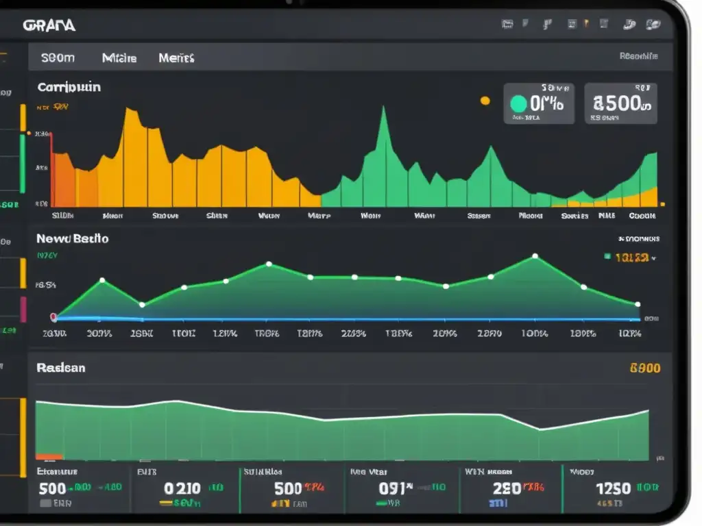 Dashboard Grafana: Métricas en tiempo real Visualización de datos en tiempo real con Prometheus y Grafana: Complejo sistema con gráficos detallados y vibrantes que muestran el rendimiento