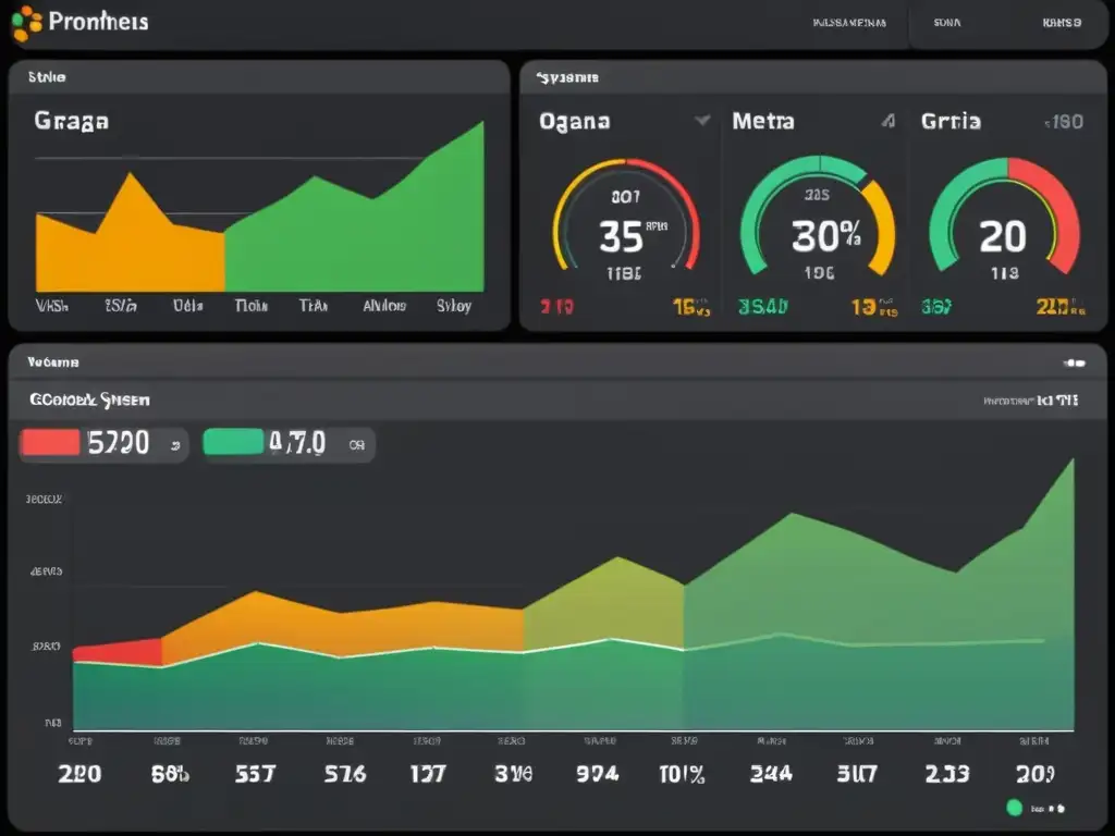 Dashboard en tiempo real con Prometheus y Grafana: Visualizaciones eficientes de métricas del sistema Visualización de datos en tiempo real con Prometheus y Grafana: panel de control moderno con gráficos vibrantes y diseño minimalista