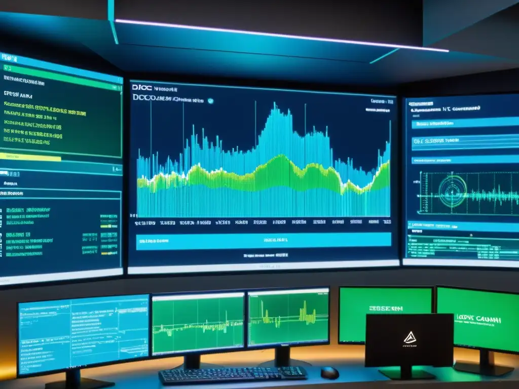 Simulación de DDoS con LOIC en pantalla de ordenador, mostrando código y visualizaciones