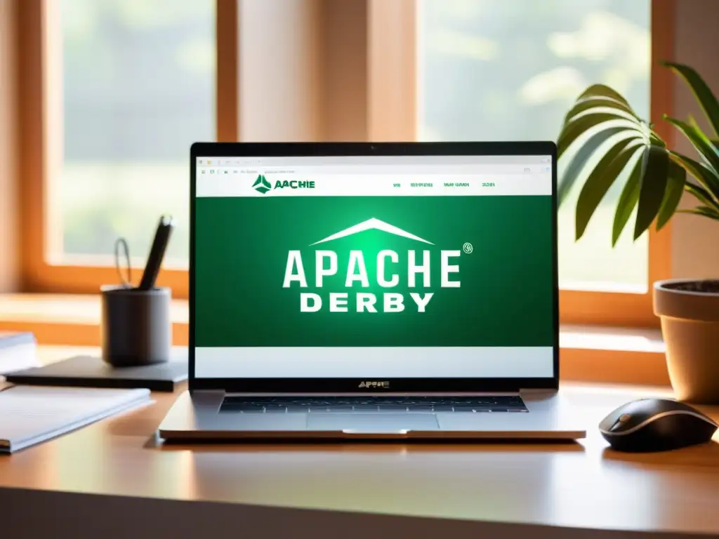 Integrando Apache Derby en aplicaciones Java: Escritorio moderno con laptop, suministros de oficina minimalistas y plantas, bañados por luz solar