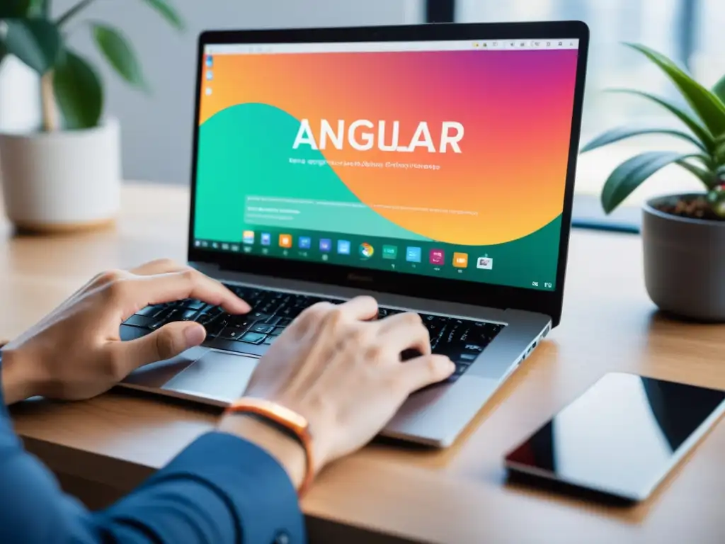 Un desarrollador teclea código Angular en un laptop moderno, en un espacio minimalista con luz natural