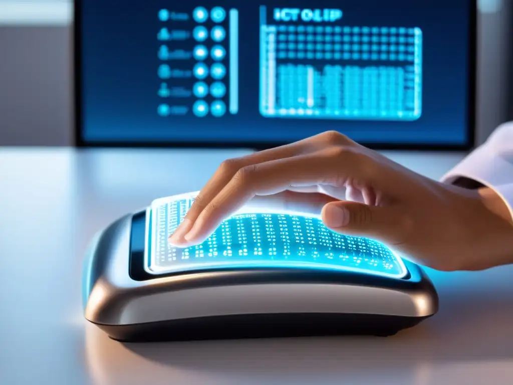 Un desarrollador teclea código en un dispositivo IoT futurista, mostrando código de IoT de código abierto en medicina