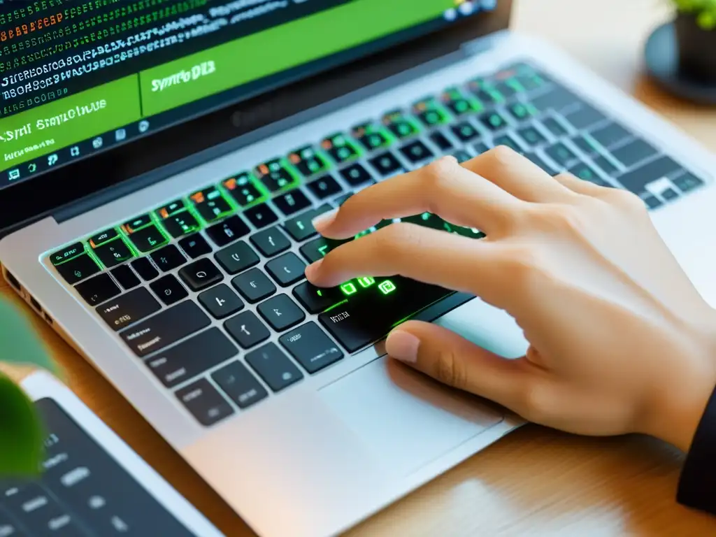 Un desarrollador teclea código eficiente en un laptop moderno, maximizando eficiencia PHP Symfony en un entorno productivo y moderno