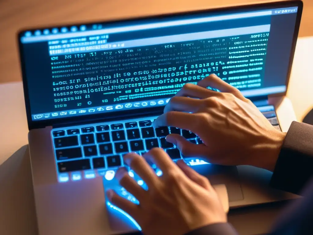 Un desarrollador teclea código en un laptop, creando aplicaciones web PHP con Laravel en un espacio profesional y moderno