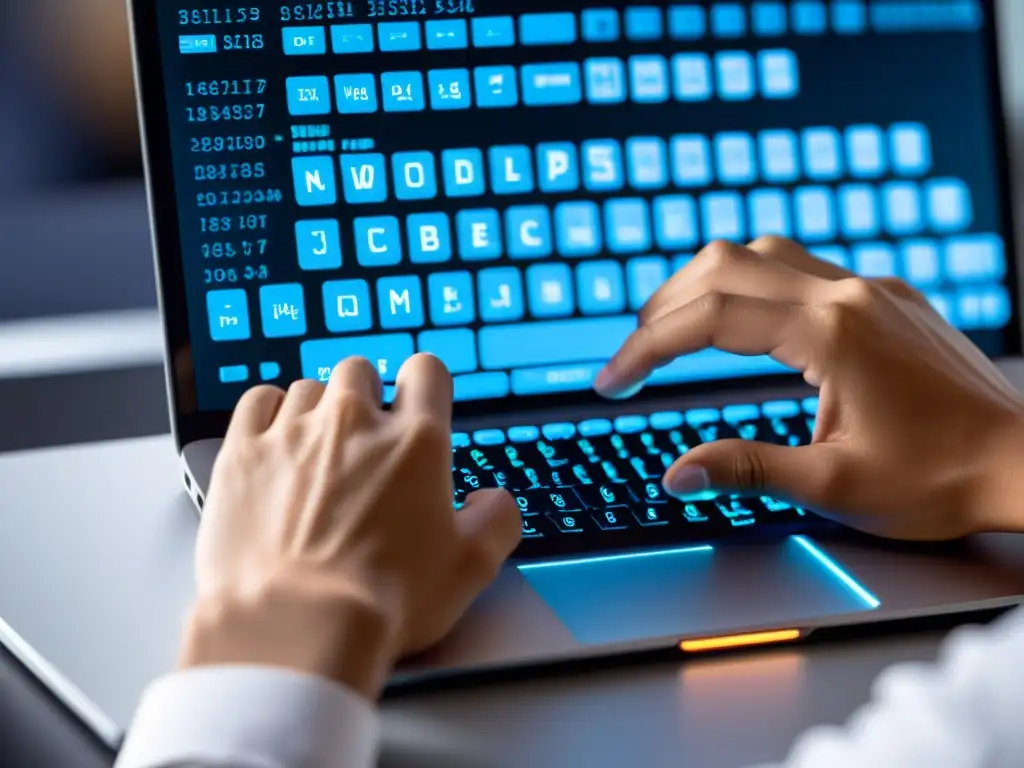 Desarrollador escribiendo código en MonoDevelop en laptop moderna
