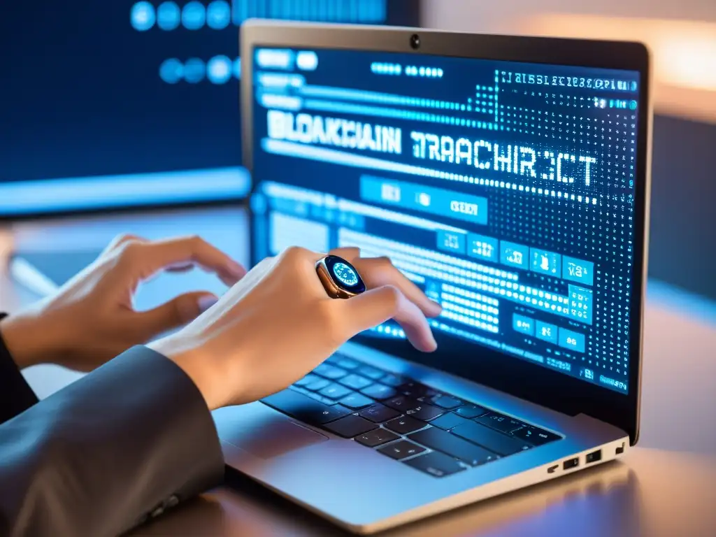 Un desarrollador teclea código en un moderno portátil con detalles de blockchain