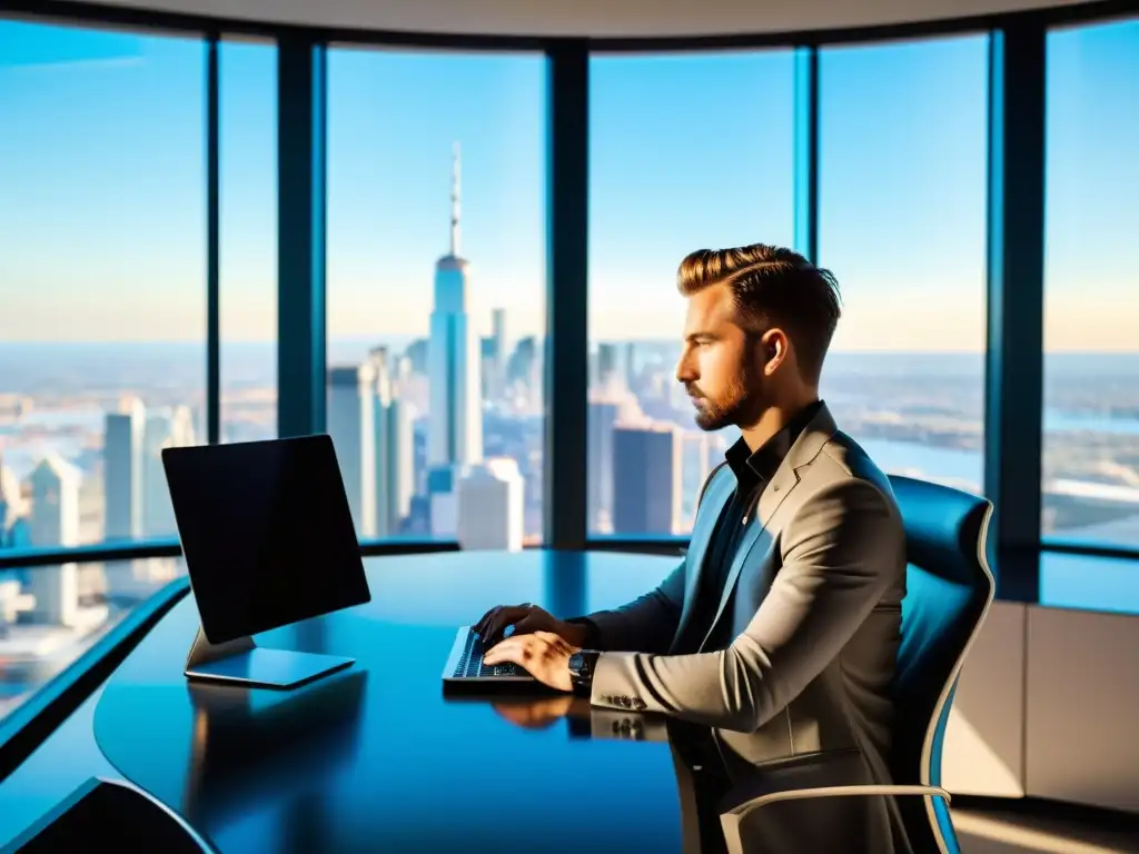 Un desarrollador trabaja en código en una oficina futurista con vistas a la ciudad