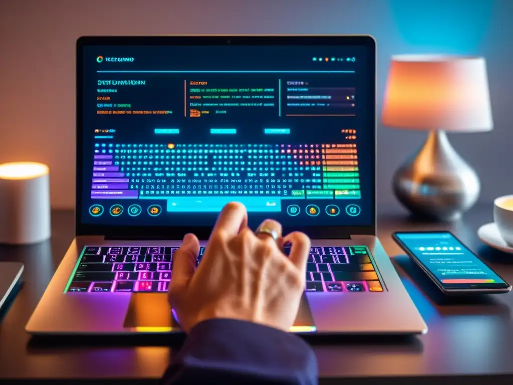 Un desarrollador teclea código en un portátil moderno rodeado de dispositivos IoT, contribuir proyectos IoT código abierto