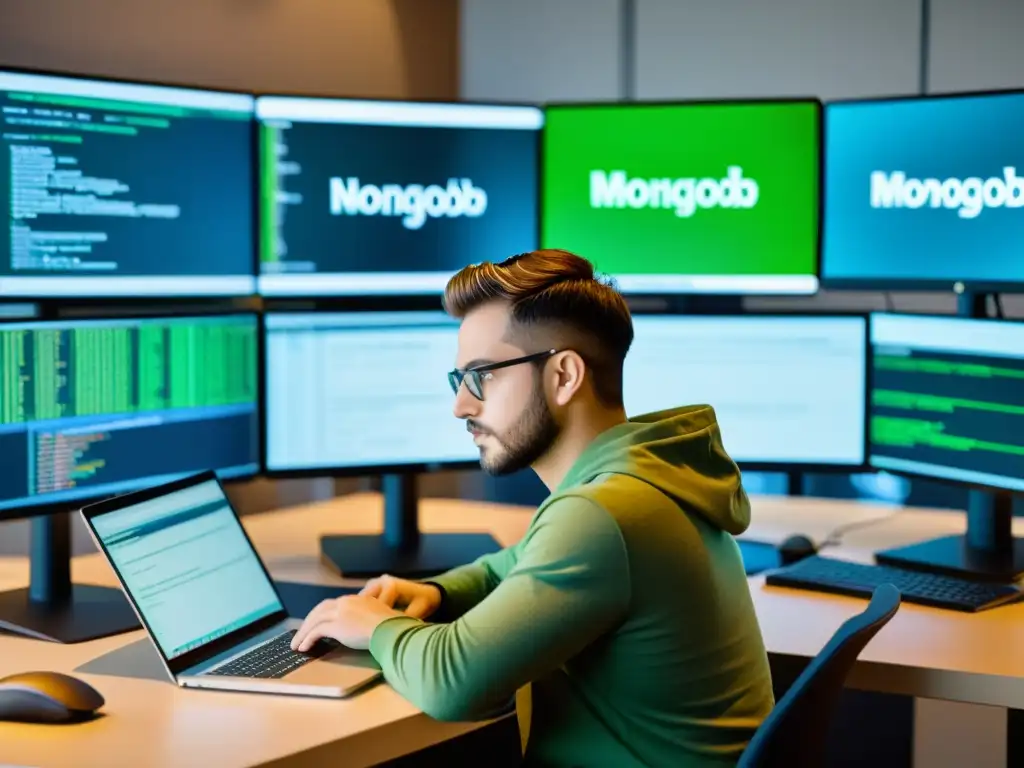 Un desarrollador trabaja en código, rodeado de monitores con estructuras y código de base de datos MongoDB