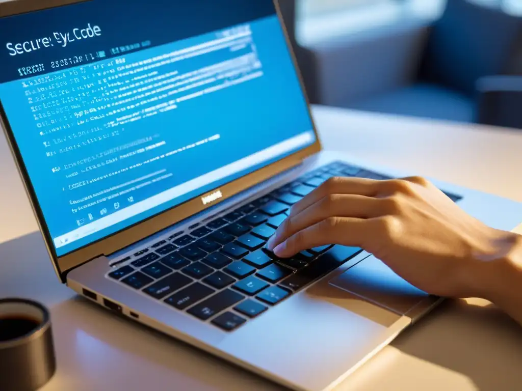 Desarrollador escribiendo código seguro en laptop moderna, con padlock y elementos de seguridad