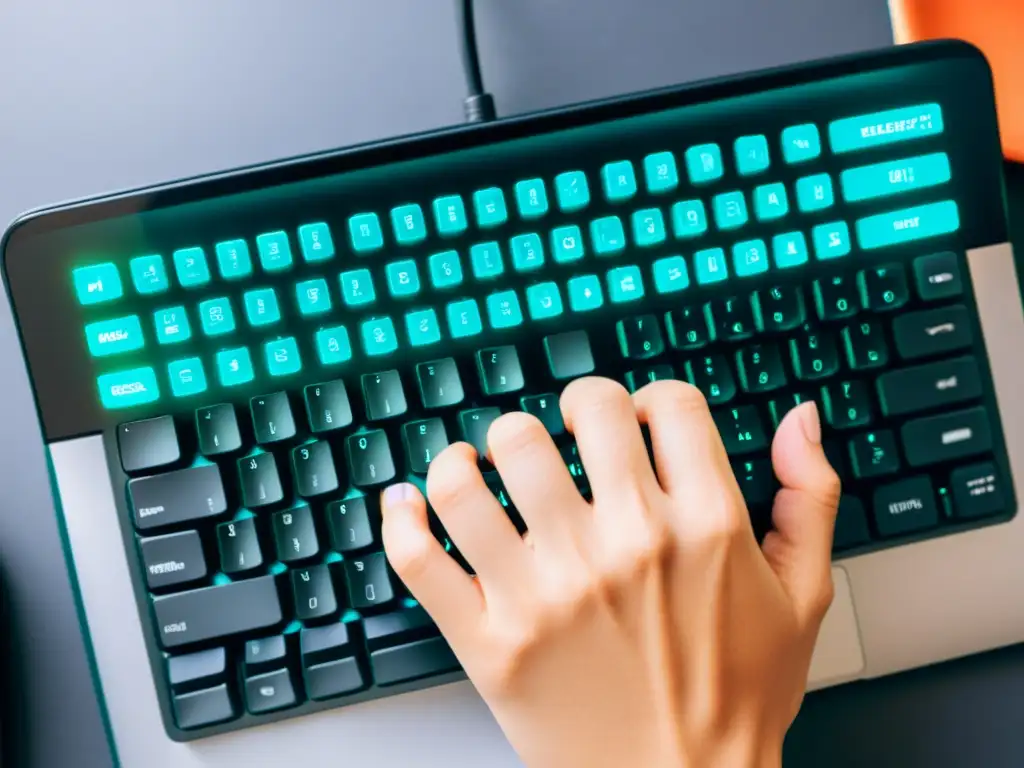 Un desarrollador tecleando código en un teclado moderno, con colores vibrantes y sintaxis clara