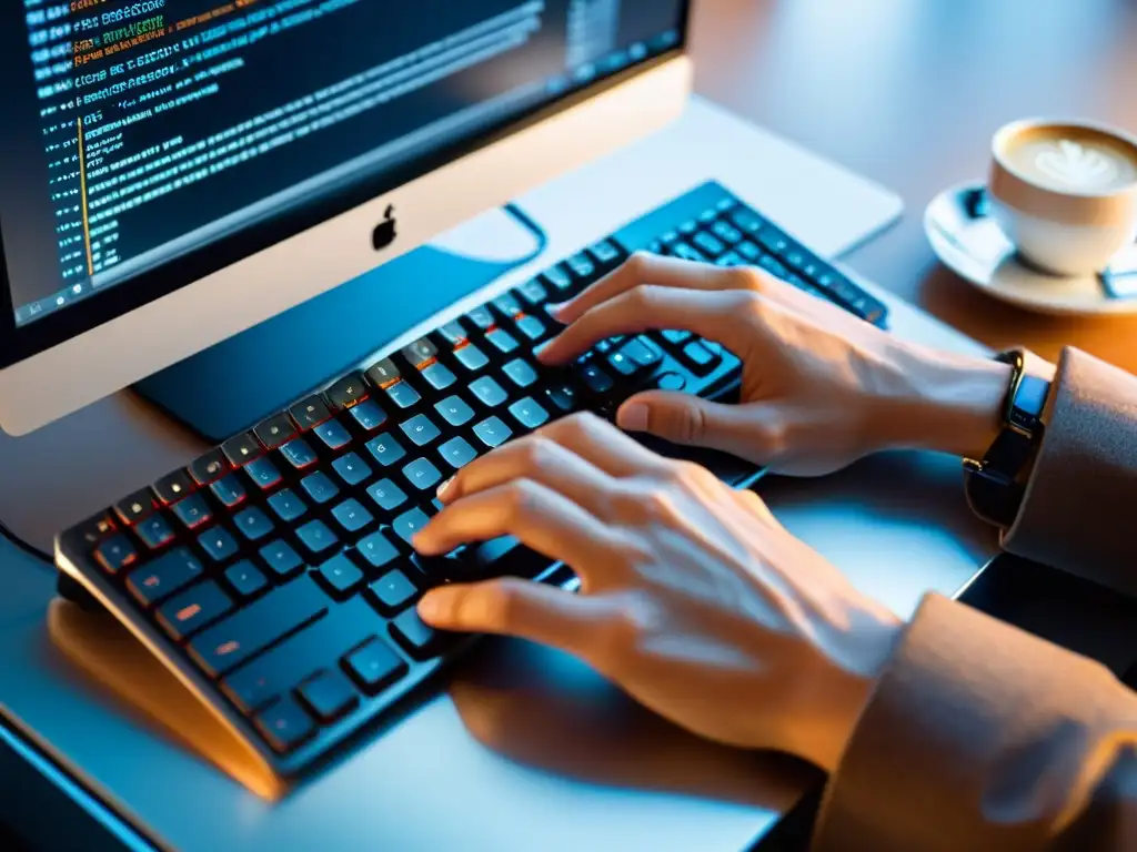 Desarrollador escribiendo código en teclado moderno con ambiente cálido y café, para optimizar proyecto desarrollo web con Webpack