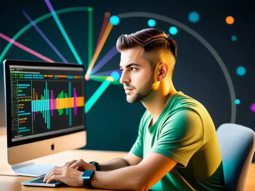 Un desarrollador trabaja en su computadora con líneas de código y gráficas coloridas, maximizando eficiencia en PHP con Symfony