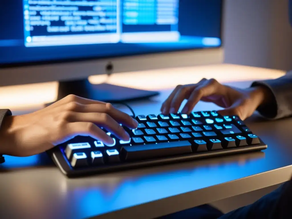 Un desarrollador concentradamente escribe código en un teclado retroiluminado, con comandos Git en un monitor