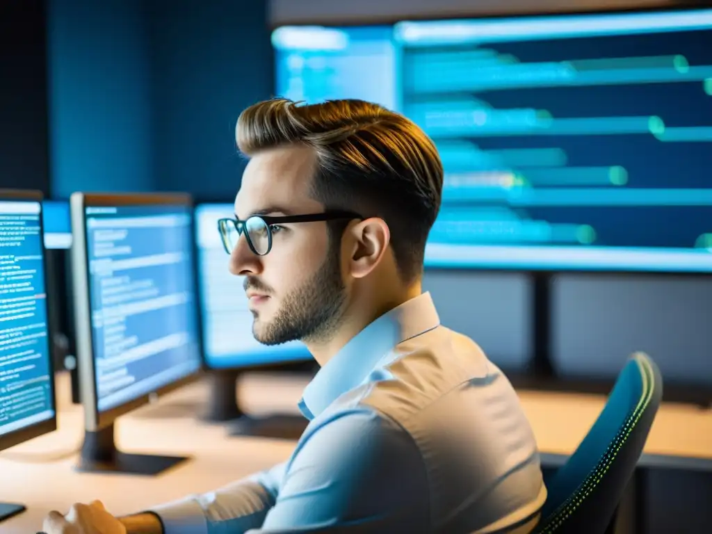 Desarrollador concentrado trabajando en código backend, rodeado de pantallas con API RESTful